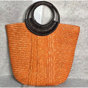 Vintage Style Orange Woven Straw Tote Bag with Round Wooden Handles